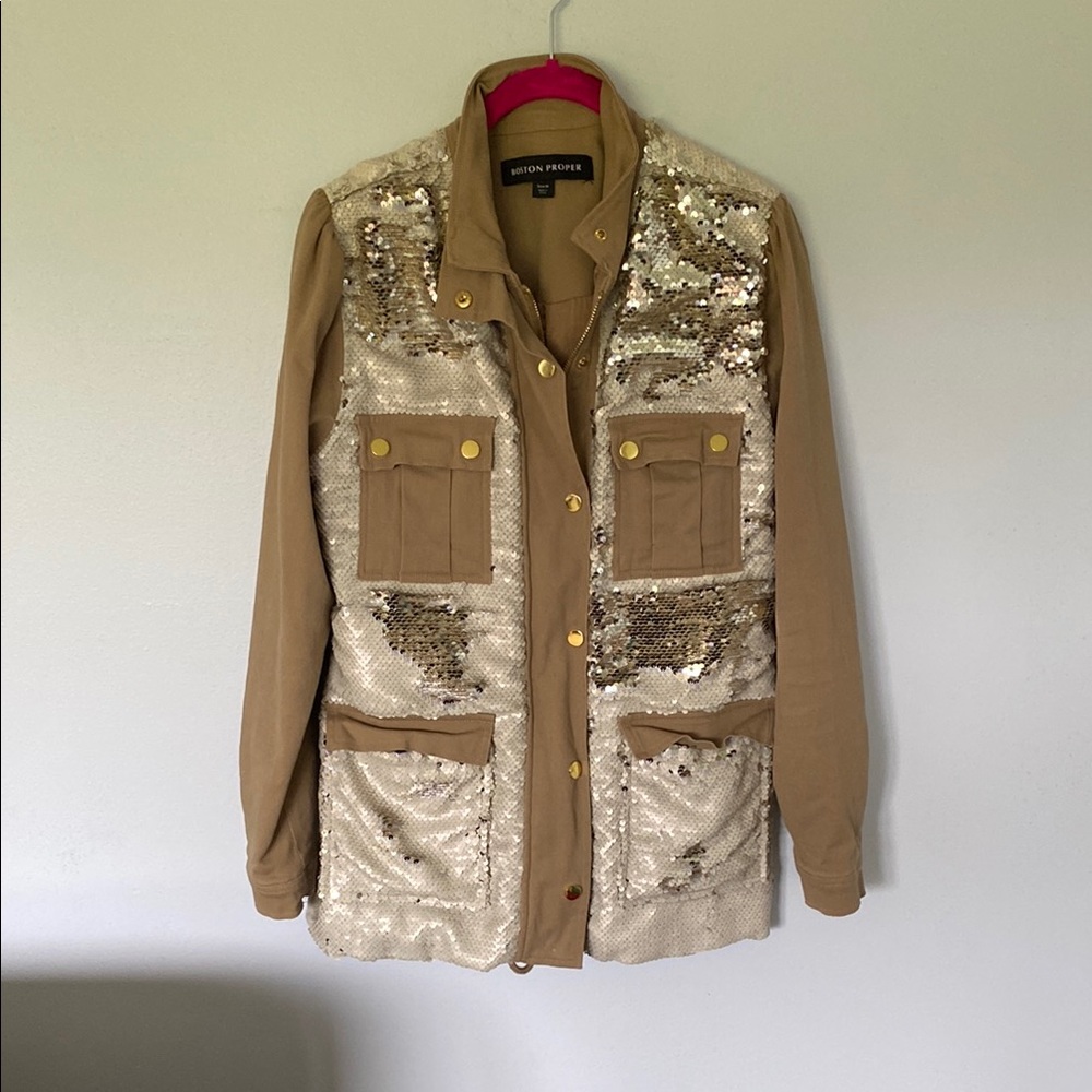 Women's Sequin Utility Jacket in Tan and Gold